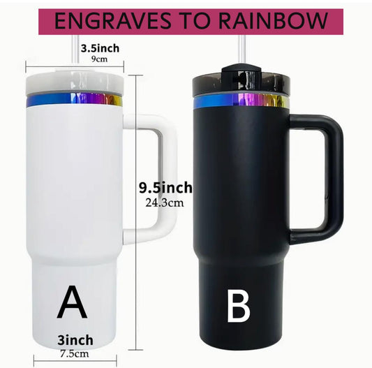 a black and white travel mug with a rainbow inside