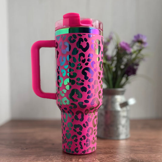 Pre-Made Ready to Ship Leopard Print (Cheetah) Pattern Hot Pink to Rainbow  40 oz Quencher Tumbler