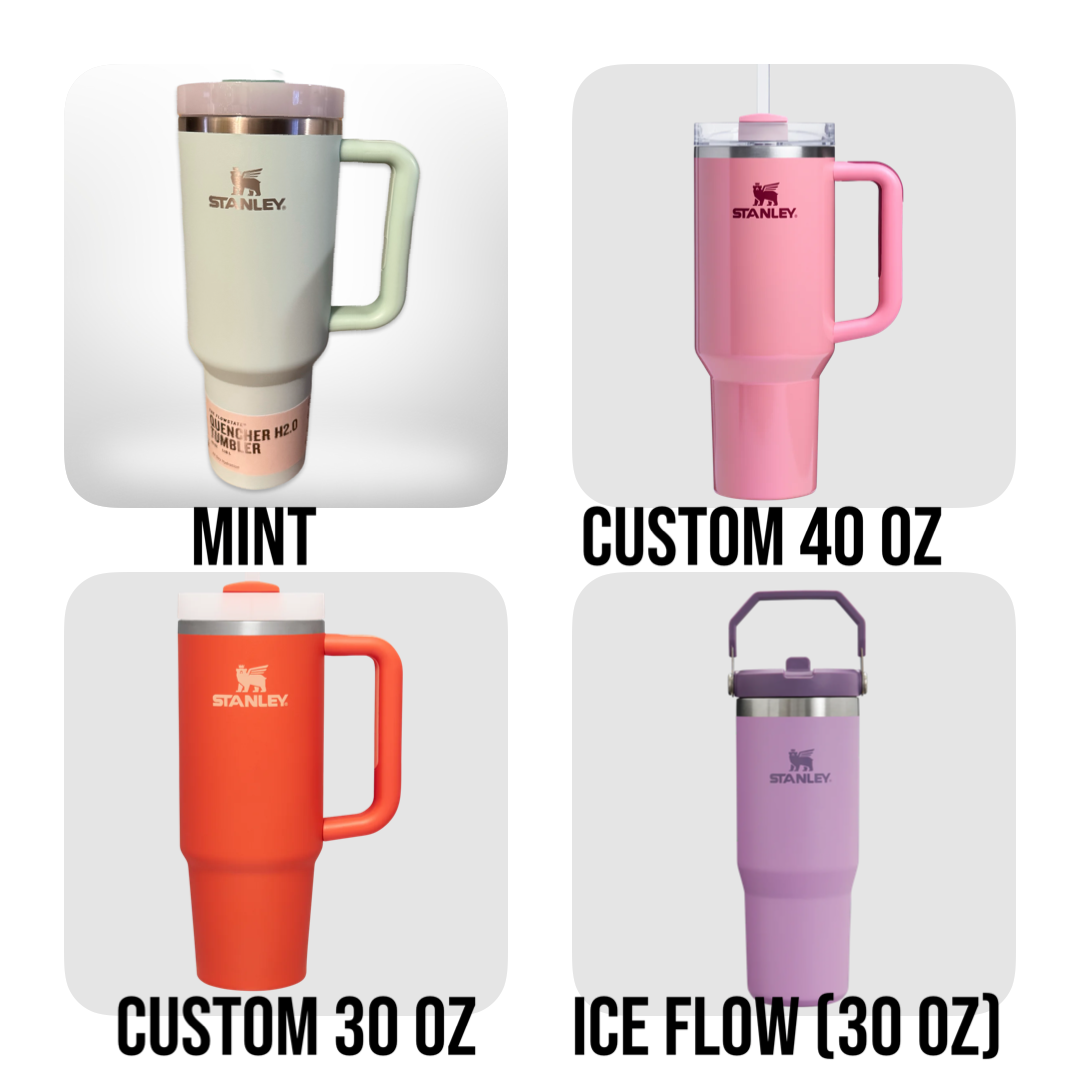 four different colored mugs with the names of them